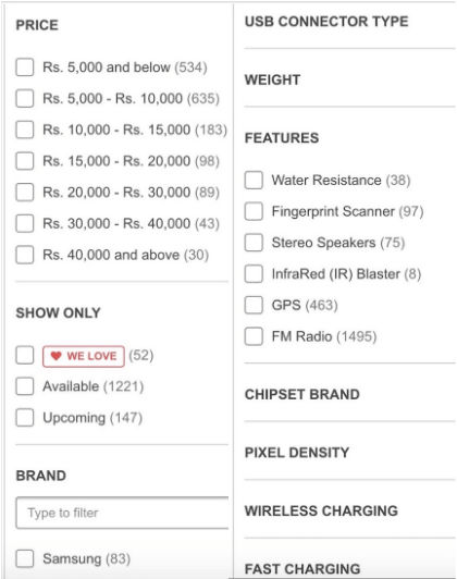 Advanced Filter on Pricebaba